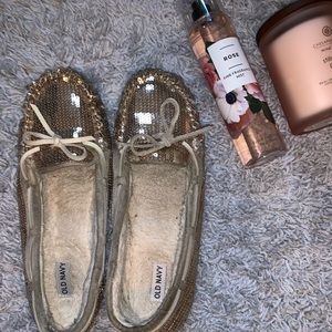 Gold sequin moccasin/slippers